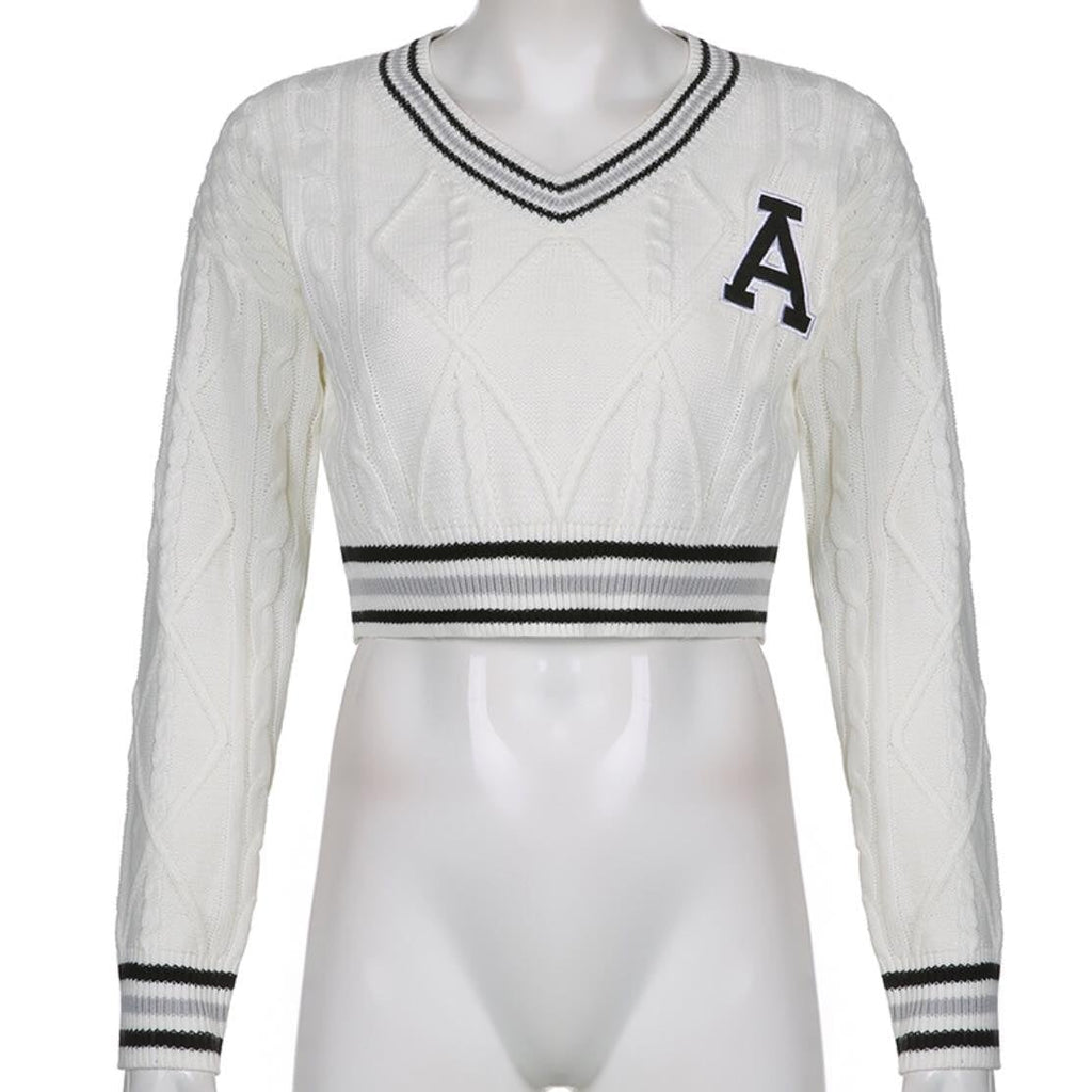 White Varsity V Neck Long Sleeve Crop Top Knit Pullover Sweater Jumper Autumn Aesthetic Casual E-Girl Kawaii Korean Japanese Harajuku
