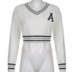 White Varsity V Neck Long Sleeve Crop Top Knit Pullover Sweater Jumper Autumn Aesthetic Casual E-Girl Kawaii Korean Japanese Harajuku