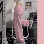 Cute Pink Baggy Oversized Loose Low Rise Wide Leg Denim Pants Trousers Aesthetic Casual Summer E-Girl Kawaii Korean Japanese Harajuku