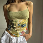 Green Vacation Print Patchwork Tank Top