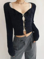 Fluffy Green Buckle Cropped Sweater