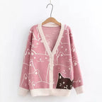 Cat Print V Neck Sweater