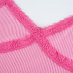 Cute Sexy Lace Patchwork Camisole Spaghetti Strap Crop Top Shirt Tee T-shirt E-Girl Kawaii Korean Japanese Harajuku Chinese Retro Streetwear Aesthetic