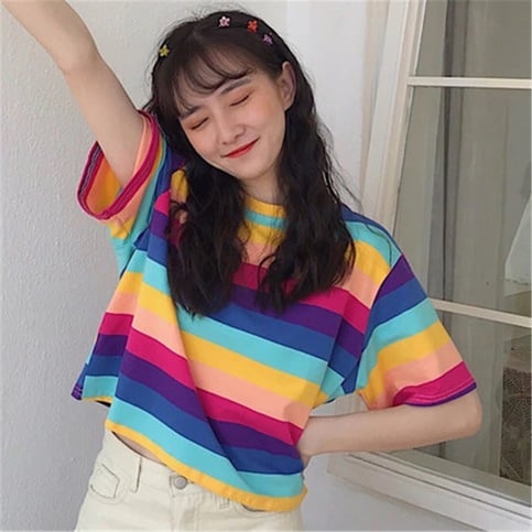 Cute Causal Pastel Rainbow Colorful Stripe Loose Round Neck Short Sleeve Tee Shirt T-shirt Top E-Girl Kawaii Korean Japanese Harajuku Retro Streetwear
