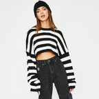 Cute Black White Stripe Loose Oversize Crop Sweater Long Sleeve Shirt Sweatshirt Pullover Casual E-Girl Kawaii Korean Japanese Harajuku Streetwear