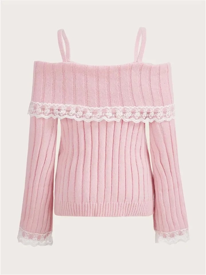 Pink Off Shoulder Bow Lace Sweater