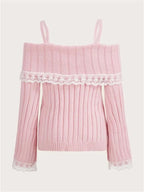 Pink Off Shoulder Bow Lace Sweater