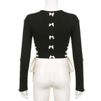 Black Bow Ribbon Hollow Out Knit Long Sleeve Shirt
