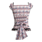 Plaid Ruffle Square V Neck Short Sleeve Top