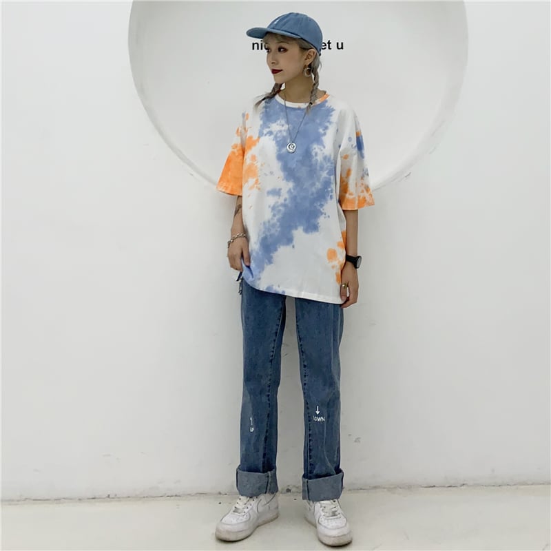 Cute Tie Dyed Hip Hop Casual Punk Goth Loose Oversized Short Sleeve Shirt Tee T-shirt E-Girl Kawaii Korean Japanese Harajuku Chinese Retro Streetwear