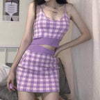 Purple Plaid 3pcs Set Long Sleeve Cardigan + Crop Top + Mini Skirt Summer Aesthetic Casual E-Girl Kawaii Korean Japanese Harajuku