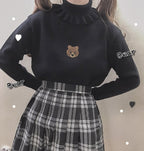 Cute Bear Embroidery Turtleneck Vintage Sweater High Neck Ruffle Pullover Long Sleeve Knit E-Girl Kawaii Korean Japanese Harajuku Streetwear