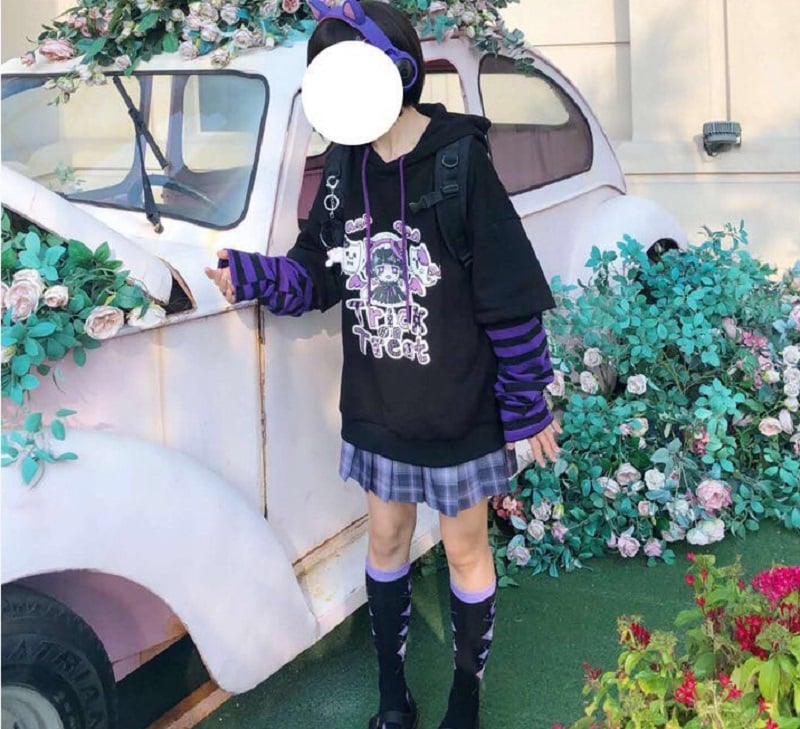 Anime Girl Cartoon Casual Stripe Loose Oversized Hoodie Sweater Sweatshirt Long Sleeve Pullover E-Girl Kawaii Korean Japanese Harajuku Streetwear