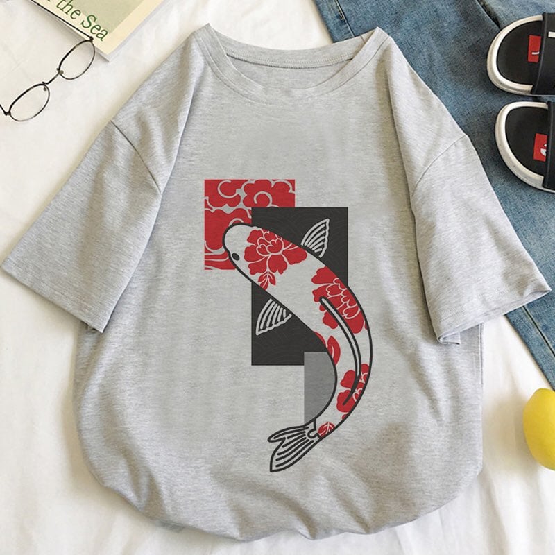 Vintage Koi Goldfish Print Cartoon Loose Oversize Short Sleeve Short T-shirt Tee Top Summer Casual E-Girl Kawaii Korean Japanese Harajuku Streetwear