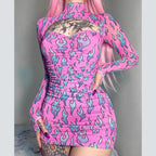 Sexy Pink Fire Flame Print Hollow Cut Out Long Sleeve Mini Dress Ruched Bodycon Club Party Summer E-Girl Kawaii Korean Japanese Harajuku Streetwear