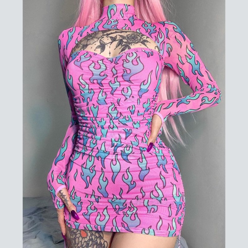 Sexy Pink Fire Flame Print Hollow Cut Out Long Sleeve Mini Dress Ruched Bodycon Club Party Summer E-Girl Kawaii Korean Japanese Harajuku Streetwear