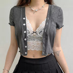 Sweet Lace Button V Neck Cropped Short Sleeve T-Shirt