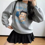 Cute 80s 90s Vintage Cartoon Girl Print Long Sleeve Shirt Hoodie Pullover Sweatshirt Sweater Casual E-Girl Kawaii Korean Japanese Harajuku Streetwear