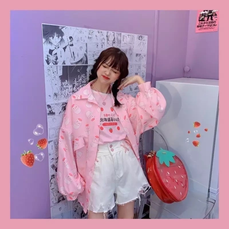 Cute Pastel Pink Strawberry Milk Yogurt Drink Blouse Long Sleeve Shirt Button Up Top Summer Casual E-Girl Kawaii Korean Japanese Harajuku Streetwear