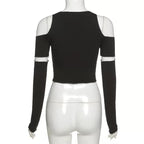 Cute Black Patchwork Cut Shoulder Crop Top Short Sleeve Shirt Punk Goth Summer Aesthetic Casual E-Girl Kawaii Korean Japanese Harajuku