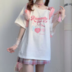 Sweet Pink Print Off Shoulder Short Sleeve T-shirt