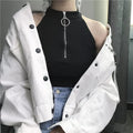 Cute Black White Sexy Knit Zipper Sleeveless Shirt Crop Top Tank Camisole Aesthetic Casual E-Girl Kawaii Korean Japanese Harajuku