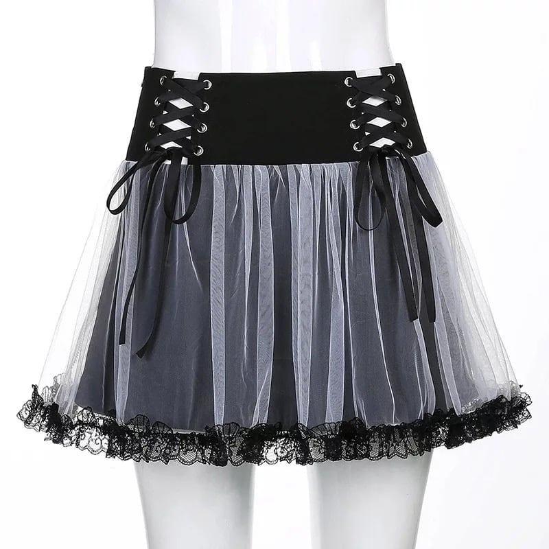 Sexy Goth Dark Punk Mesh A Line Skirt Lace Up Patchwork Ribbon Lace Trim High Waisted Summer Casual E-Girl Kawaii Korean Japanese Harajuku Streetwear