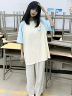 Japanese Cat Print Patchwork Short Sleeve T-shirt