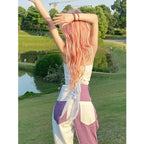 Purple & White Patchwork Straight Wide Leg Pants