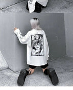 White Dark Anime Girl Cartoon Print Long Sleeve White T-Shirt Oversize Loose Vintage Goth Aesthetic E-Girl Kawaii Korean Japanese Harajuku Streetwear