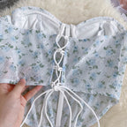 Blue Floral Lace Up Backless Corset Top