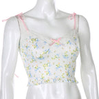 Lace Frill Floral Print Crop Top Summer Sleeveless Camisole Causal E-Girl Kawaii Korean Japanese Harajuku Streetwear