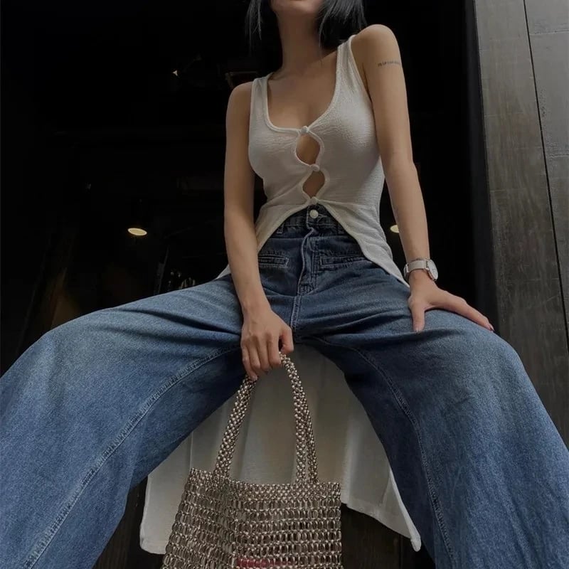 White Hollow Out V Neck Long Tank Top