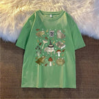 Cute Frog Magic Mushroom Witchcraft Print Short Sleeve T- Shirt Top Aesthetic Casual Summer E-Girl Kawaii Korean Japanese Harajuku