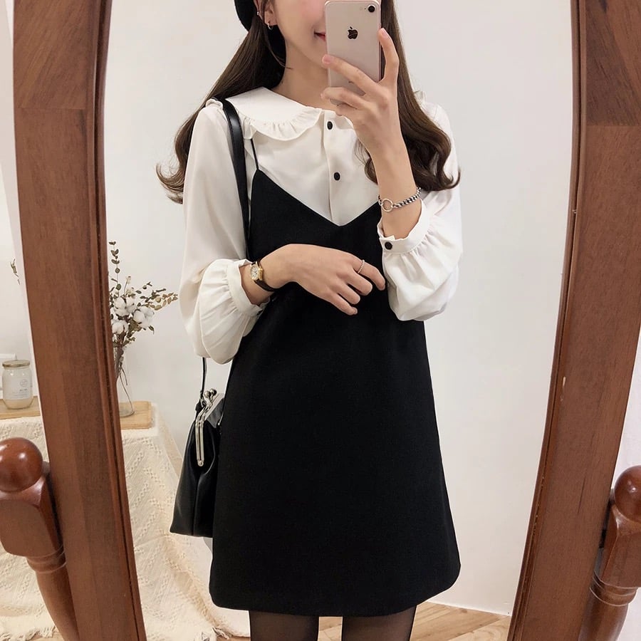 Cute 2pcs Summer Preppy White Ruffle Peterpam Collar Black Vintage V Dress E-Girl Kawaii Korean Japanese Harajuku Retro Streetwear