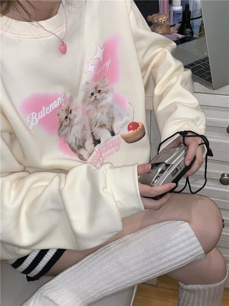 Cat Print Long Sleeve Sweatshirt