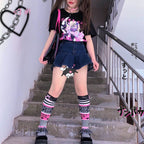 Anime Cartoon Print Grunge Loose Steampunk Goth Punk Short Sleeve Shirt T-shirt Top Summer Causal E-Girl Kawaii Korean Japanese Harajuku Streetwear