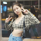 Cute 2 Pcs Gingham Plaid Sweater Knit Button Up Crop Top Shirt Tee T-shirt E-Girl Kawaii Korean Japanese Harajuku Chinese Retro Streetwear Aesthetic