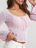 Pink Hollow Out Tie Up Knit Long Sleeve Flare Top