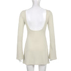 Cream Knit Backless Bodycon Long Sleeve Dress