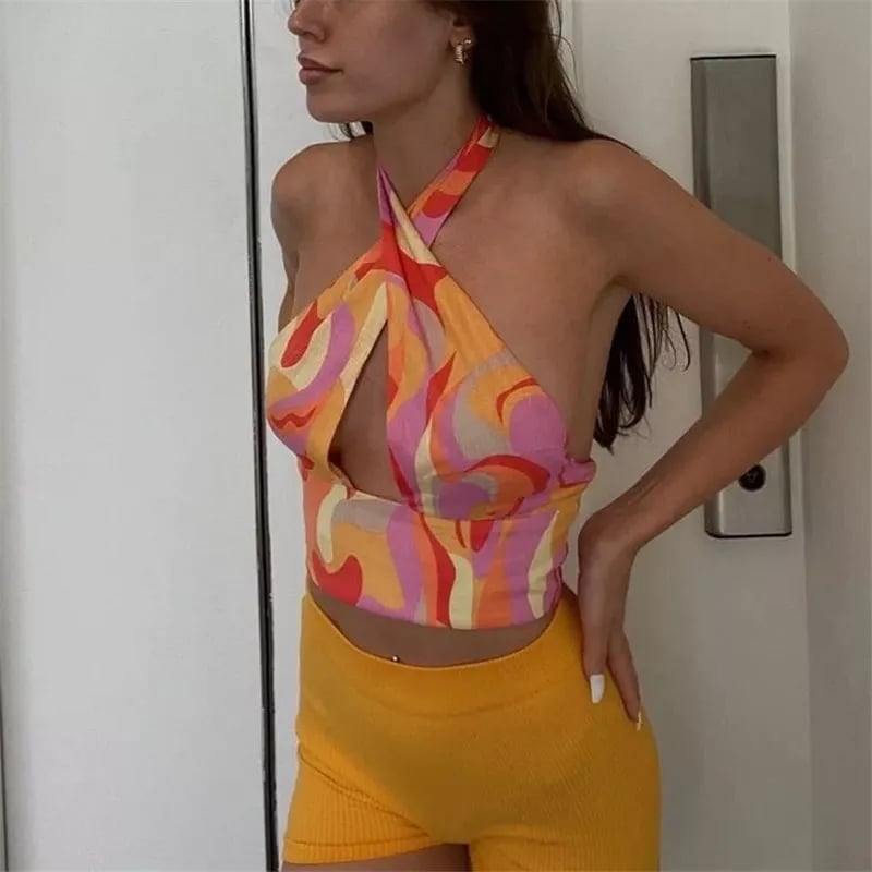 Cute Sexy Orange Vintage Retro Halter Crossover Straps Tank Crop Top Sleeveless Shirt Aesthetic Casual Summer E-Girl Kawaii Korean Japanese Haraju