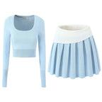 2PCS Blue Knit Long Sleeve Top + High Waist Pleated Mini Skirt