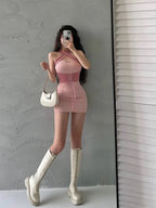 Pink Tie Up Corset Waist Bodycon Mini Dress