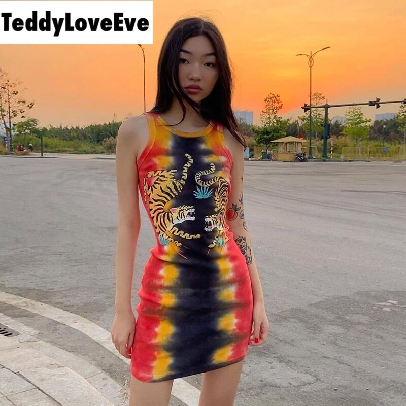 Cute Sexy Tiger Punk Tie Dye Graphic Ribbed Sleeveless Bodycon Dress E-Girl Kawaii Korean Japanese Harajuku Chinese Retro Streetwear Aesthetic