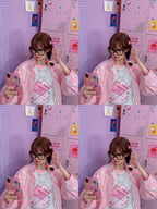 Cute Pastel Pink Strawberry Milk Yogurt Drink Blouse Long Sleeve Shirt Button Up Top Summer Casual E-Girl Kawaii Korean Japanese Harajuku Streetwear
