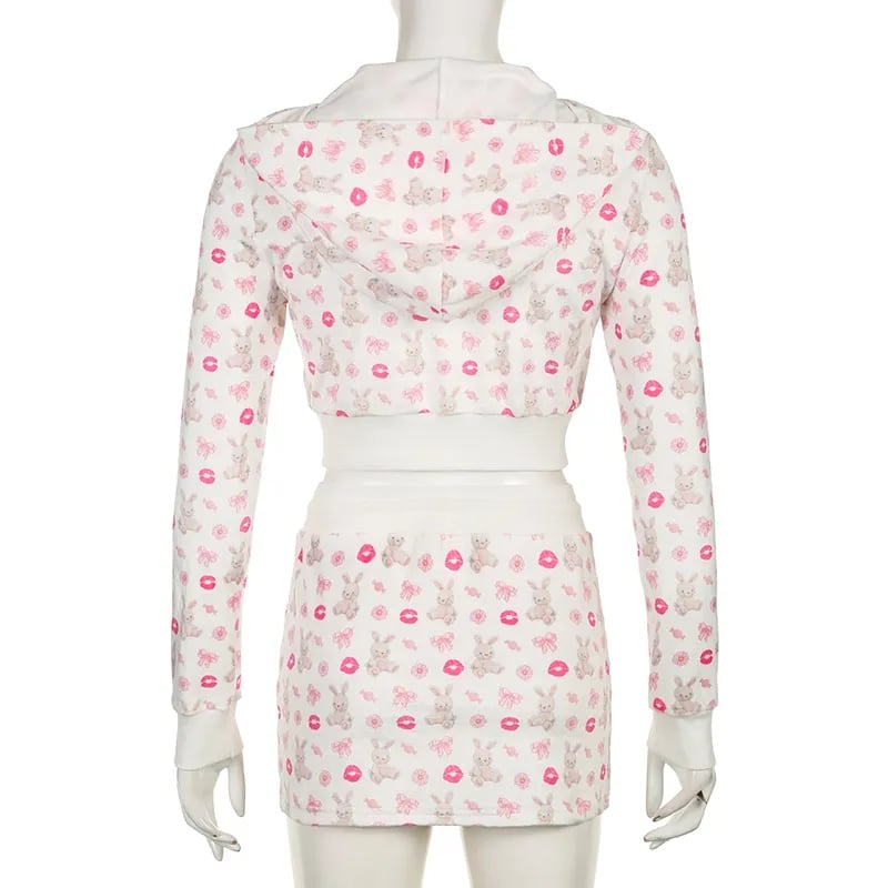 2PCS Rabbit Print Tracksuit Hoodie + Mini Skirt Set