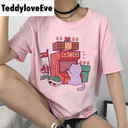 Cute Pink Cat Arcade Cartoon Graphic Casual Short Sleeve Shirt Tee T-shirt E-Girl Kawaii Korean Japanese Harajuku Chinese Retro Streetwear Aesthetic