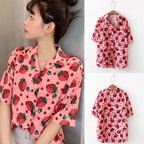 Cute Pink Strawberry Print Button Down Short Sleeve Shirt Blouse Aesthetic Casual Summer E-Girl Kawaii Korean Japanese Harajuku
