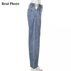 Chain High Waist Straight Denim Jeans Legs Light Blue Pants Summer Aesthetic Casual E-Girl Kawaii Korean Japanese Harajuku