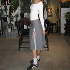 Grey Lace Bow Side Split Midi Skirt